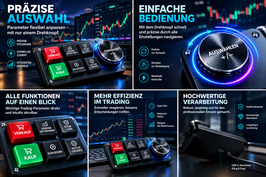 Trading-Keypad Pro – 6 Tasten + Drehknopf für Börsenhandel